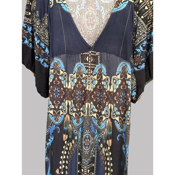 Farm Rio Boho Maxi Dress Vibrant Paisley & Floral Print Deep V-Neck Relaxed Fit - Picture 4 of 8